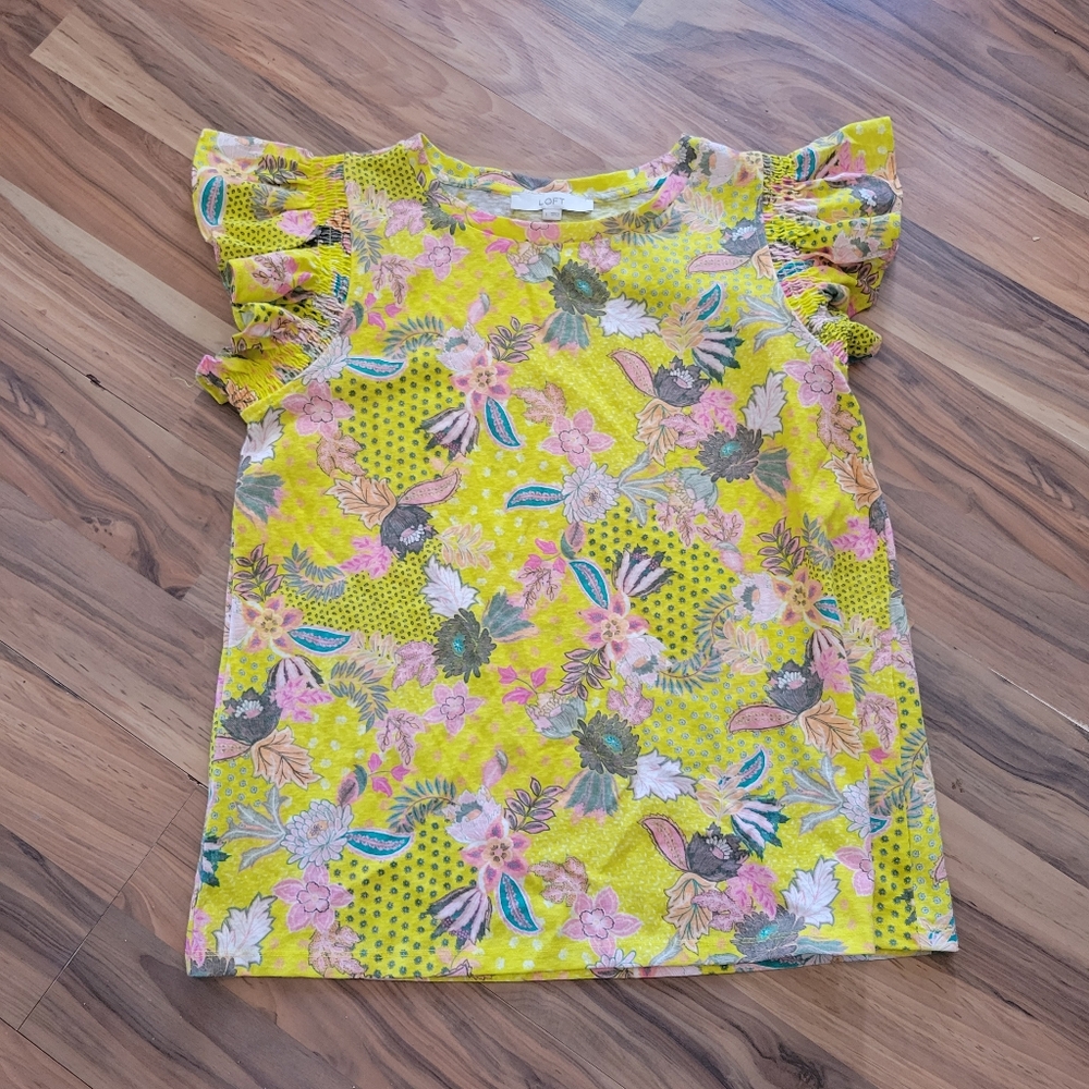 Floral Yellow LOFT Blouse with Ruffle Sleeves